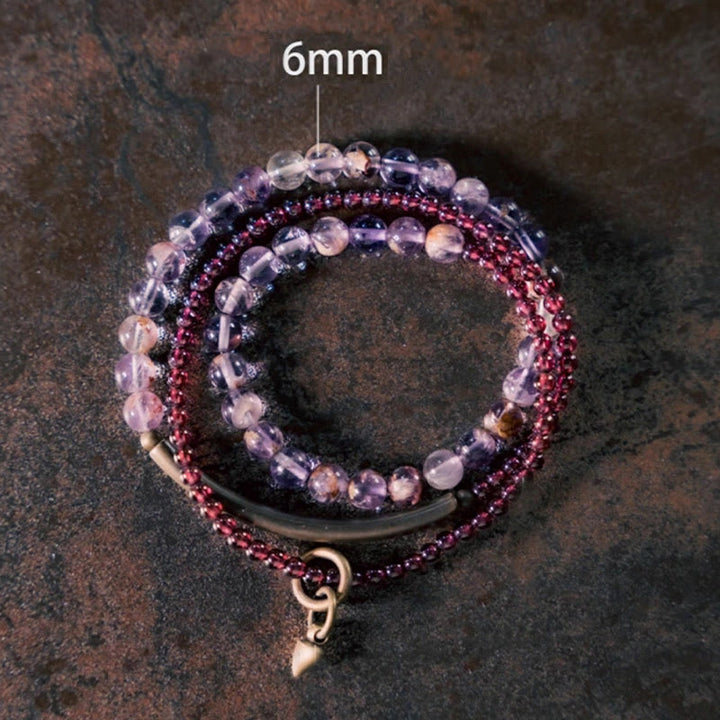 Pulsera multicapa con Buddha Stones retro de 6 mm de amatista y 4 mm de granate