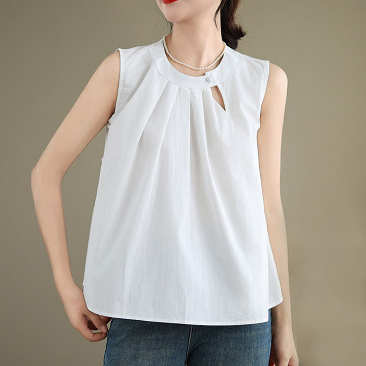 Chaleco de lino y algodón para mujer, sin mangas, con cuello halter, diseño plisado, color liso, con Buddha Stones, para verano - image 13