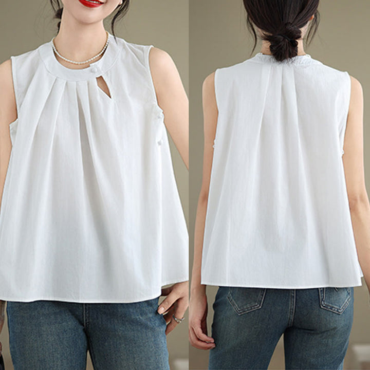 Chaleco de lino y algodón para mujer, sin mangas, con cuello halter, diseño plisado, color liso, con Buddha Stones, para verano