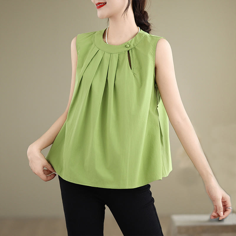 Chaleco de lino y algodón para mujer, sin mangas, con cuello halter, diseño plisado, color liso, con Buddha Stones, para verano