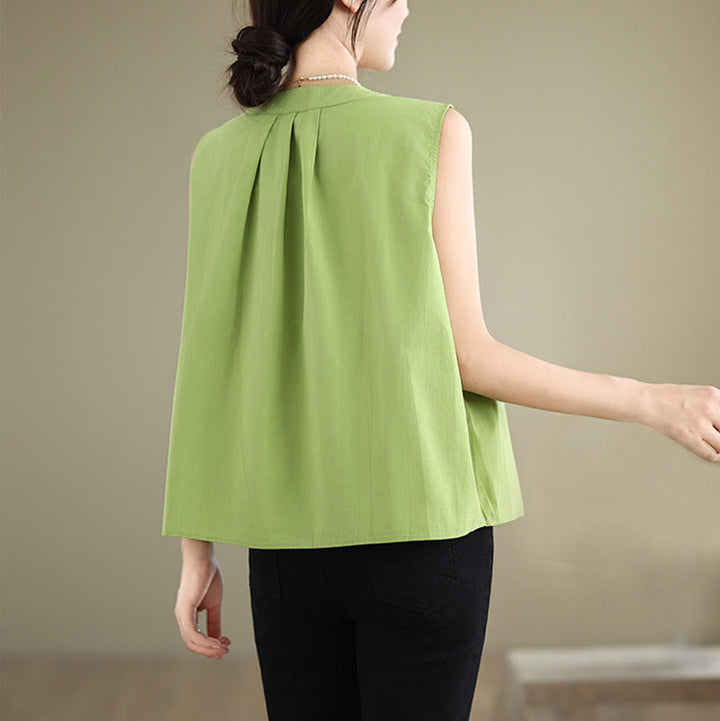 Chaleco de lino y algodón para mujer, sin mangas, con cuello halter, diseño plisado, color liso, con Buddha Stones, para verano