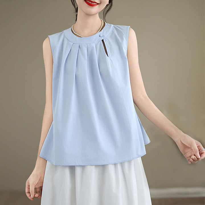 Chaleco de lino y algodón para mujer, sin mangas, con cuello halter, diseño plisado, color liso, con Buddha Stones, para verano - Azul celeste claro - US8-10，UK/AU12-14，EU40-42 (2XL) - image 0