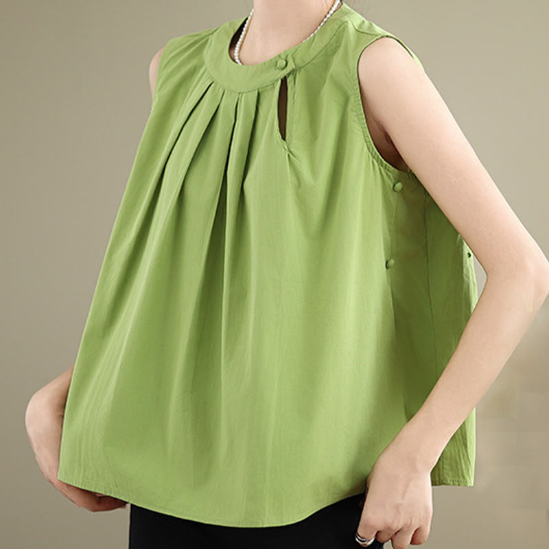 Chaleco de lino y algodón para mujer, sin mangas, con cuello halter, diseño plisado, color liso, con Buddha Stones, para verano