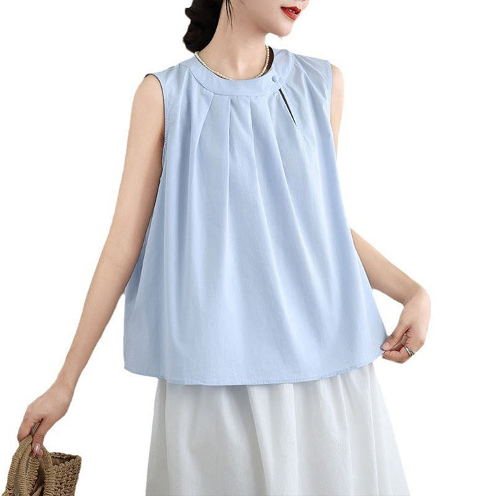 Chaleco de lino y algodón para mujer, sin mangas, con cuello halter, diseño plisado, color liso, con Buddha Stones, para verano - image 11