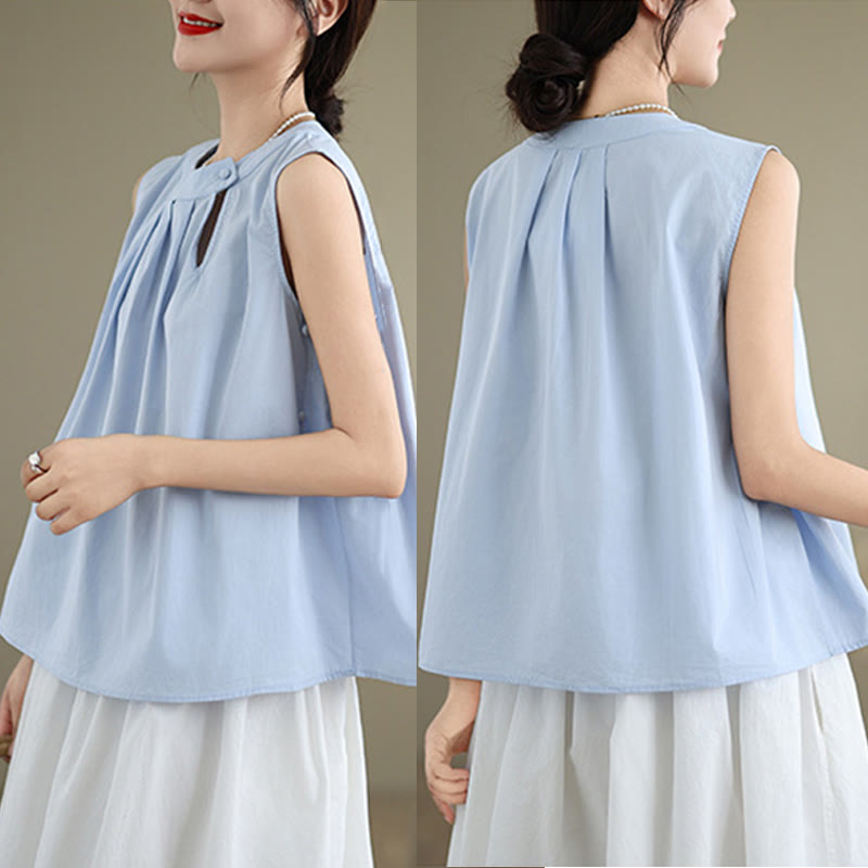 Chaleco de lino y algodón para mujer, sin mangas, con cuello halter, diseño plisado, color liso, con Buddha Stones, para verano