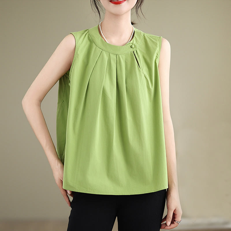 Chaleco de lino y algodón para mujer, sin mangas, con cuello halter, diseño plisado, color liso, con Buddha Stones, para verano