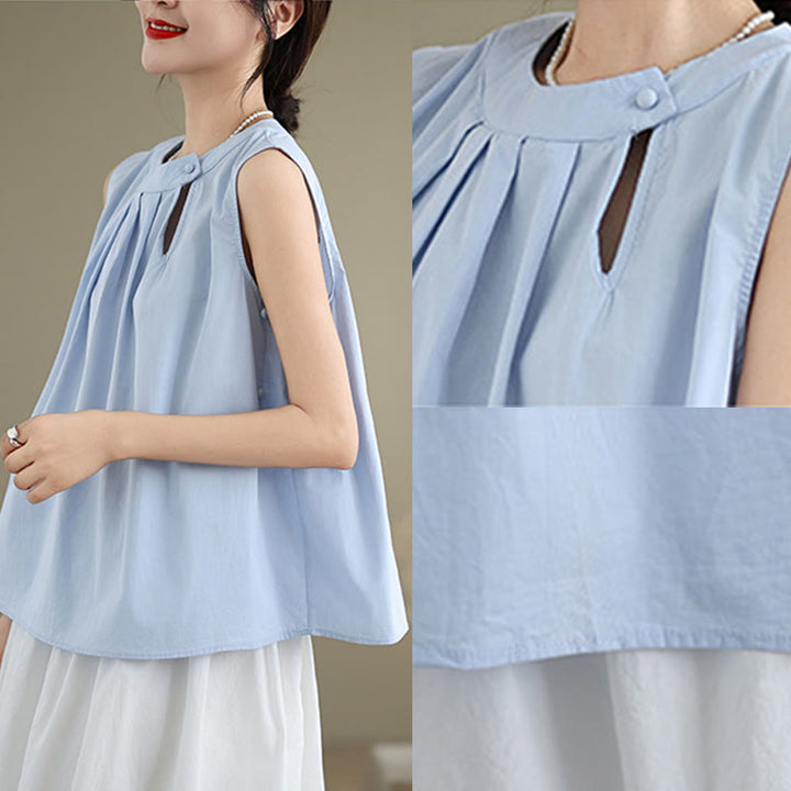 Chaleco de lino y algodón para mujer, sin mangas, con cuello halter, diseño plisado, color liso, con Buddha Stones, para verano