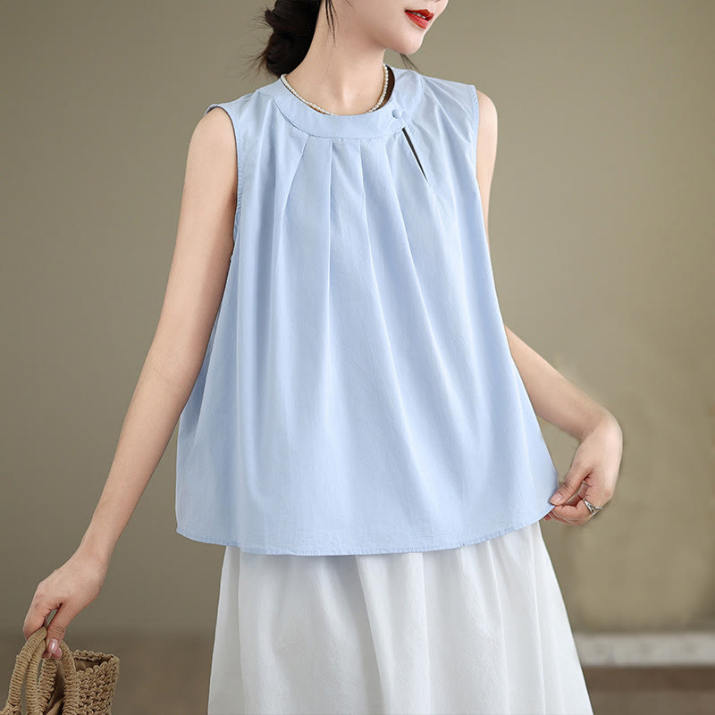 Chaleco de lino y algodón para mujer, sin mangas, con cuello halter, diseño plisado, color liso, con Buddha Stones, para verano - image 1
