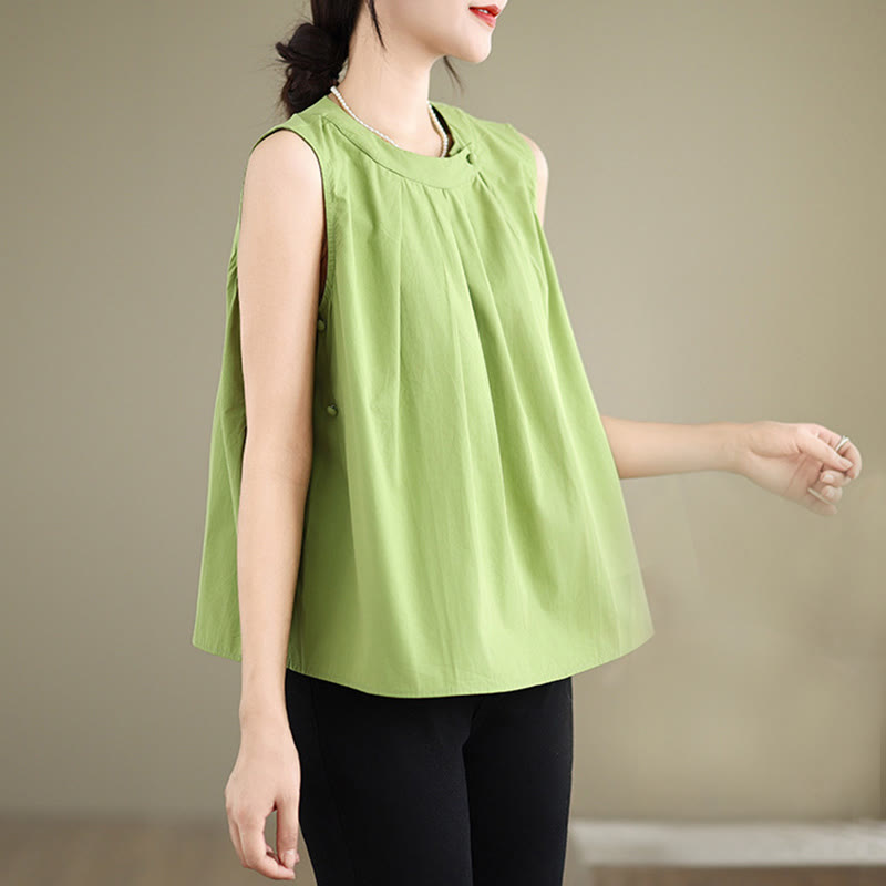 Chaleco de lino y algodón para mujer, sin mangas, con cuello halter, diseño plisado, color liso, con Buddha Stones, para verano