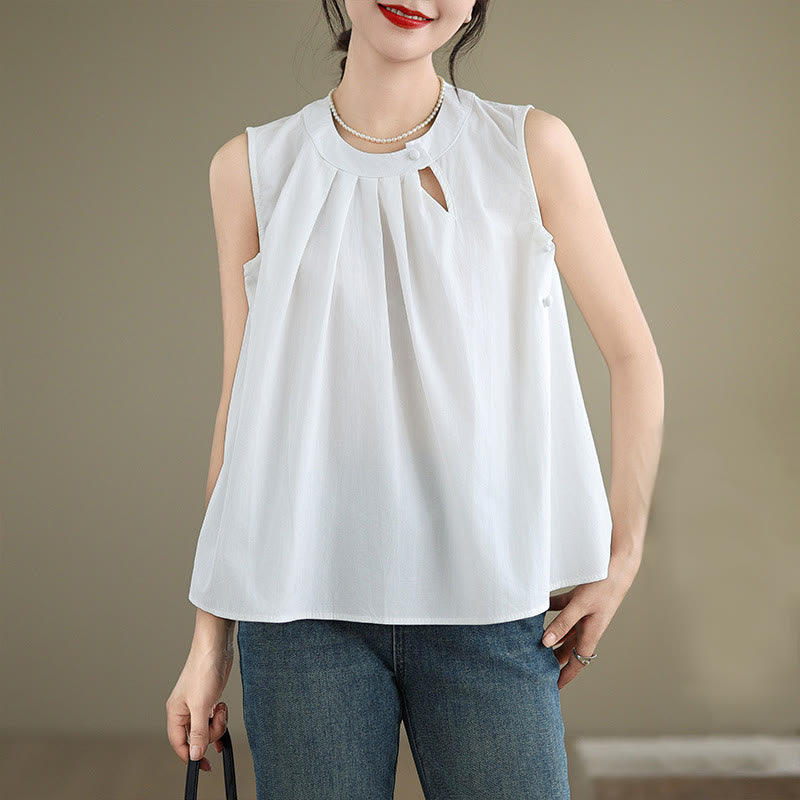 Chaleco de lino y algodón para mujer, sin mangas, con cuello halter, diseño plisado, color liso, con Buddha Stones, para verano