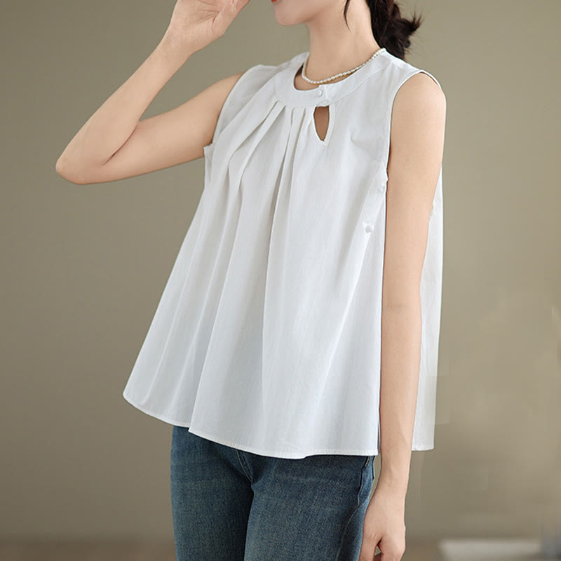 Chaleco de lino y algodón para mujer, sin mangas, con cuello halter, diseño plisado, color liso, con Buddha Stones, para verano - image 15