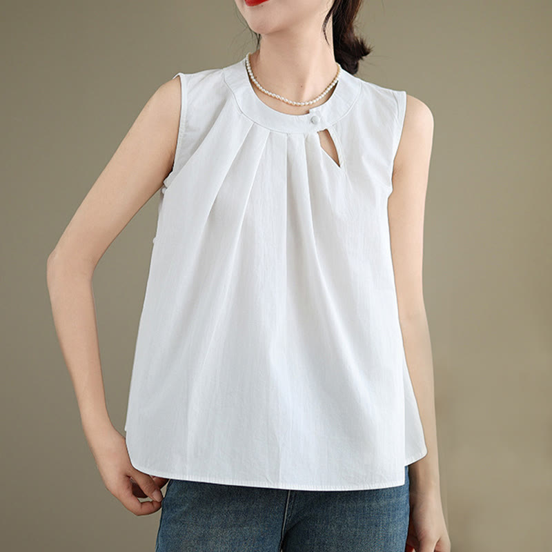 Chaleco de lino y algodón para mujer, sin mangas, con cuello halter, diseño plisado, color liso, con Buddha Stones, para verano