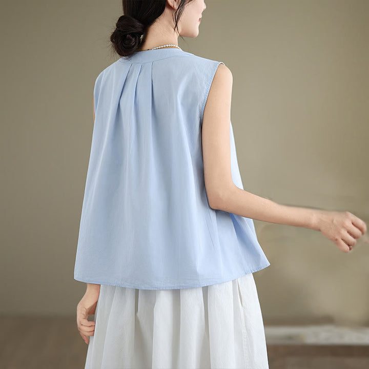 Chaleco de lino y algodón para mujer, sin mangas, con cuello halter, diseño plisado, color liso, con Buddha Stones, para verano - image 3