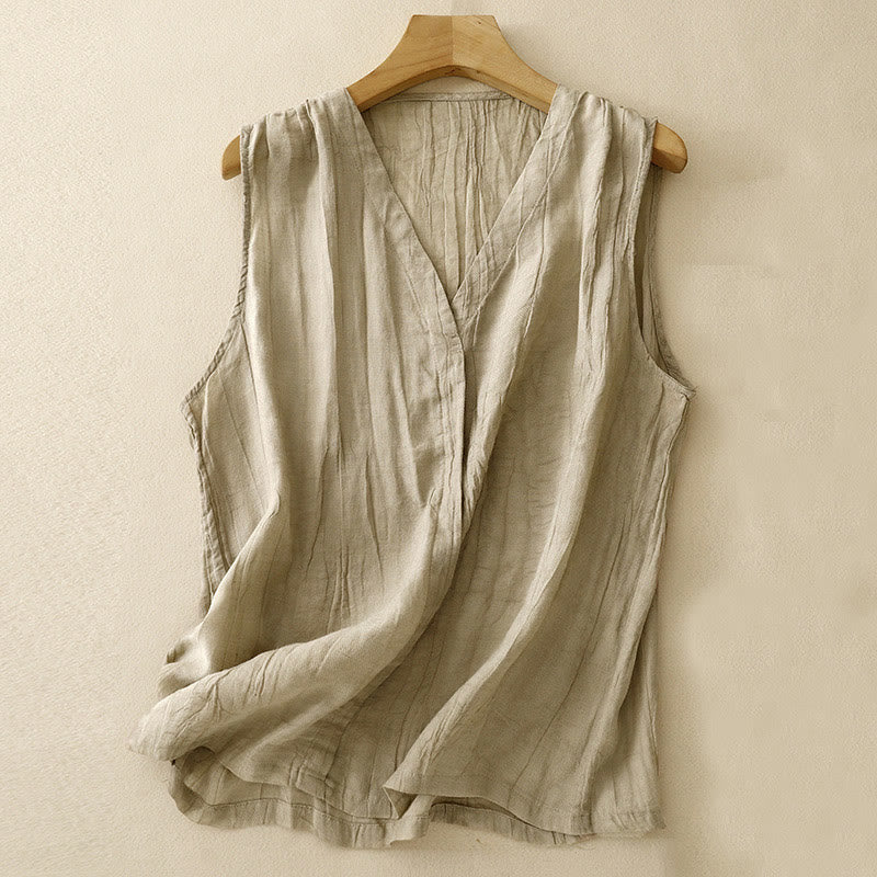 Buddha Stones informal de verano con diseño plisado de color puro y sin mangas para mujer, de algodón y lino, con cuello en V - Caqui - US8-10，UK/AU12-14，EU40-42 (2XL) - image 0