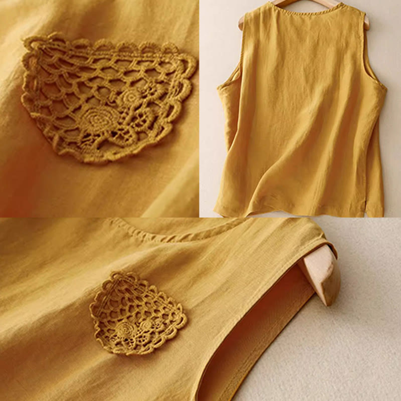 Chaleco sin mangas de cuello redondo para mujer con diseño de patchwork, bordado y Buddha Stones, de color liso y estilo casual. - image 6