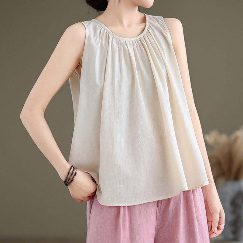Chaleco de lino y algodón para mujer, diseño artístico de verano con cuello redondo plisado en color liso y Buddha Stones - image 19
