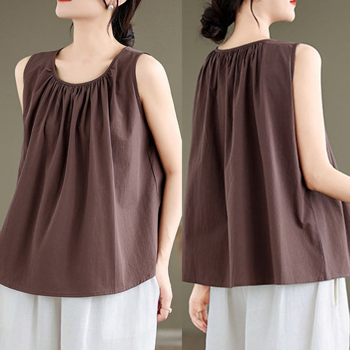 Chaleco de lino y algodón para mujer, diseño artístico de verano con cuello redondo plisado en color liso y Buddha Stones - image 9