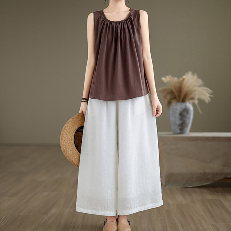 Chaleco de lino y algodón para mujer, diseño artístico de verano con cuello redondo plisado en color liso y Buddha Stones - image 4