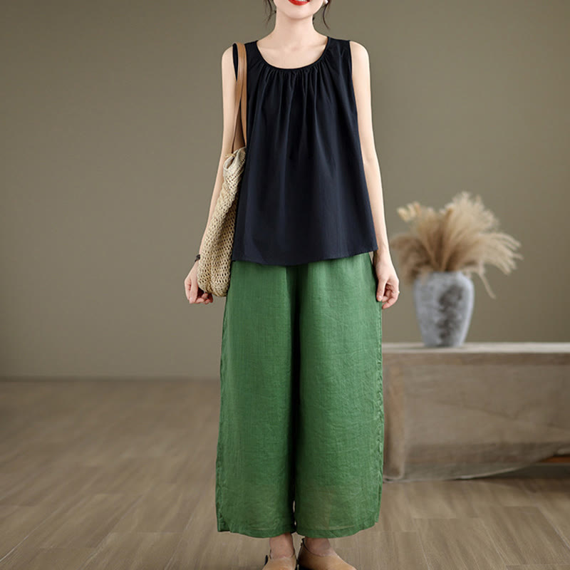 Chaleco de lino y algodón para mujer, diseño artístico de verano con cuello redondo plisado en color liso y Buddha Stones - image 13