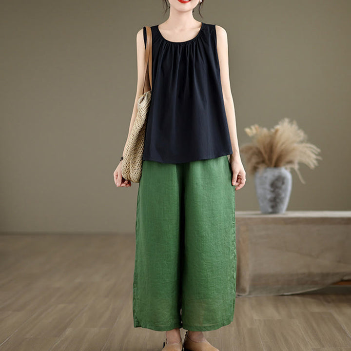 Chaleco de lino y algodón para mujer, diseño artístico de verano con cuello redondo plisado en color liso y Buddha Stones - image 13