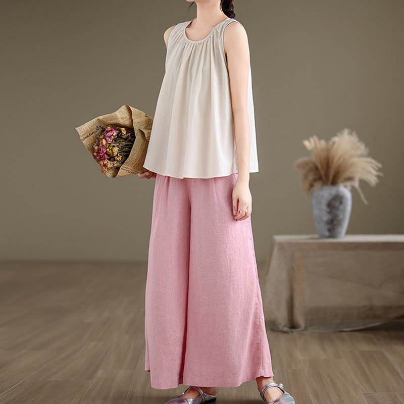 Chaleco de lino y algodón para mujer, diseño artístico de verano con cuello redondo plisado en color liso y Buddha Stones - image 20