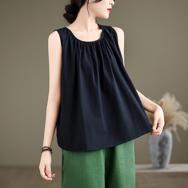Chaleco de lino y algodón para mujer, diseño artístico de verano con cuello redondo plisado en color liso y Buddha Stones - Negro - US12, UK/AU16, EU44 (2XL) - image 10