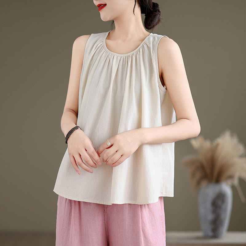 Chaleco de lino y algodón para mujer, diseño artístico de verano con cuello redondo plisado en color liso y Buddha Stones - Beige - US12, UK/AU16, EU44 (2XL) - image 15