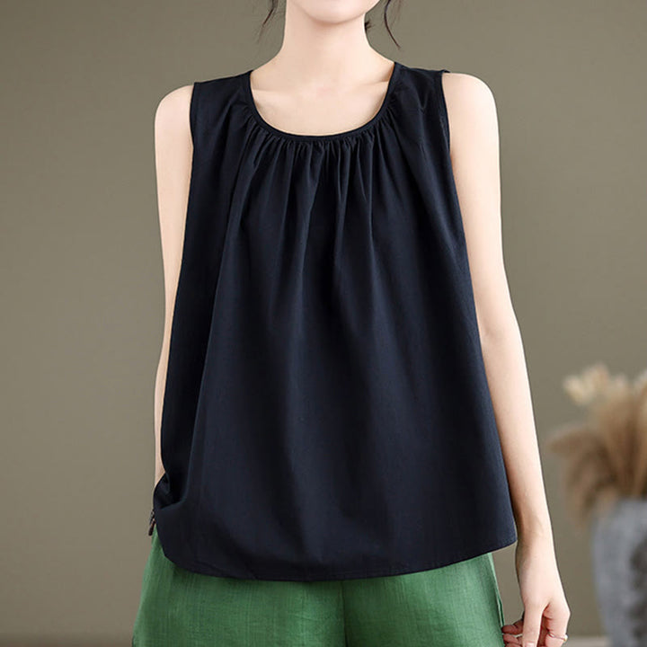 Chaleco de lino y algodón para mujer, diseño artístico de verano con cuello redondo plisado en color liso y Buddha Stones - image 11