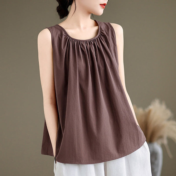 Chaleco de lino y algodón para mujer, diseño artístico de verano con cuello redondo plisado en color liso y Buddha Stones - image 1