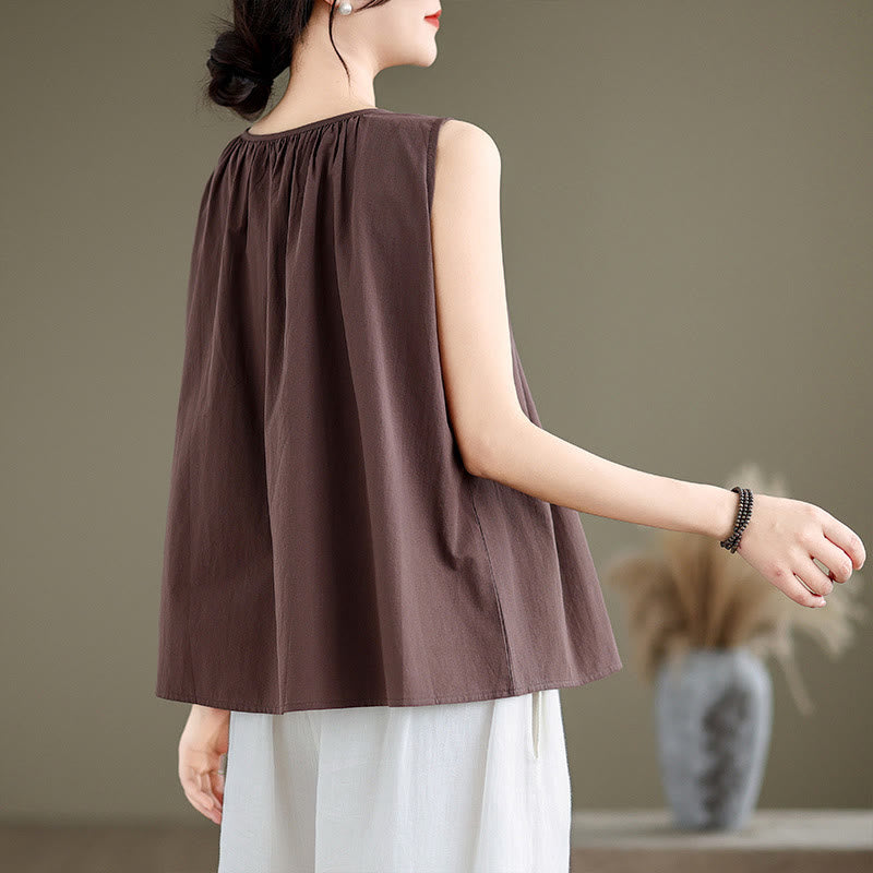 Chaleco de lino y algodón para mujer, diseño artístico de verano con cuello redondo plisado en color liso y Buddha Stones - image 3
