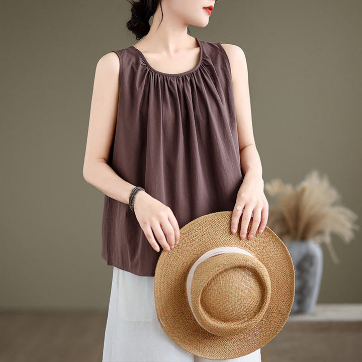 Chaleco de lino y algodón para mujer, diseño artístico de verano con cuello redondo plisado en color liso y Buddha Stones - SaddleBrown - US12, UK/AU16, EU44 (2XL) - image 0