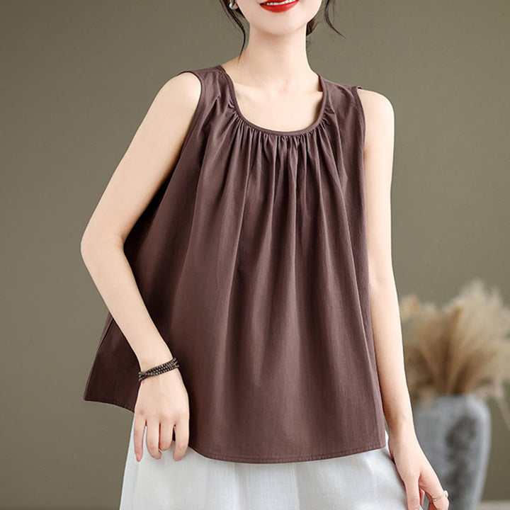 Chaleco de lino y algodón para mujer, diseño artístico de verano con cuello redondo plisado en color liso y Buddha Stones - image 2