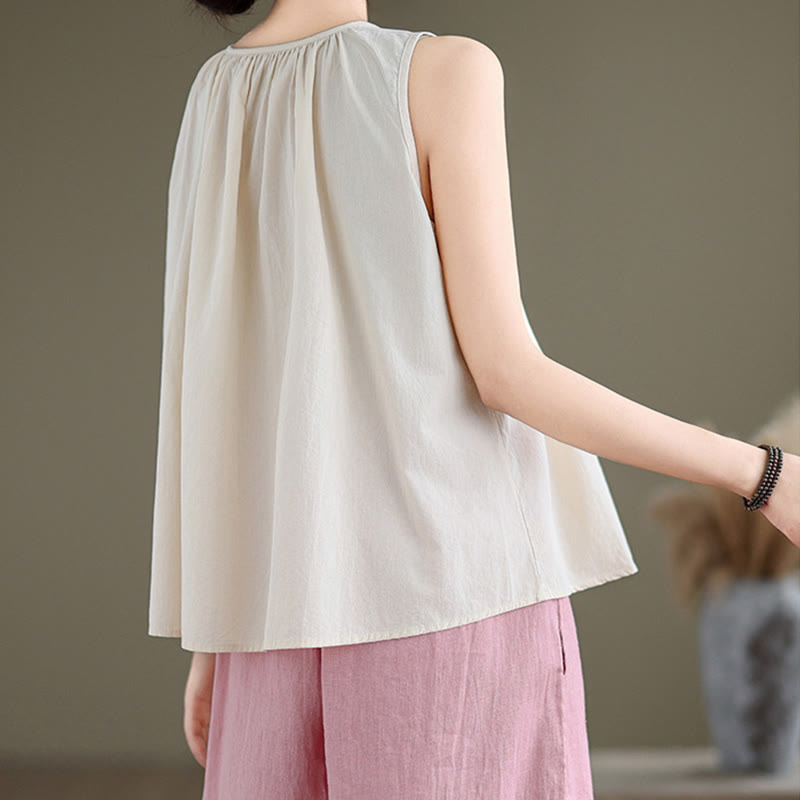 Chaleco de lino y algodón para mujer, diseño artístico de verano con cuello redondo plisado en color liso y Buddha Stones - image 18