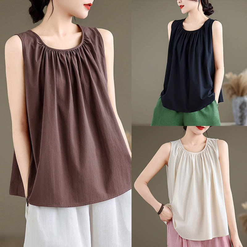 Chaleco de lino y algodón para mujer, diseño artístico de verano con cuello redondo plisado en color liso y Buddha Stones - image 21