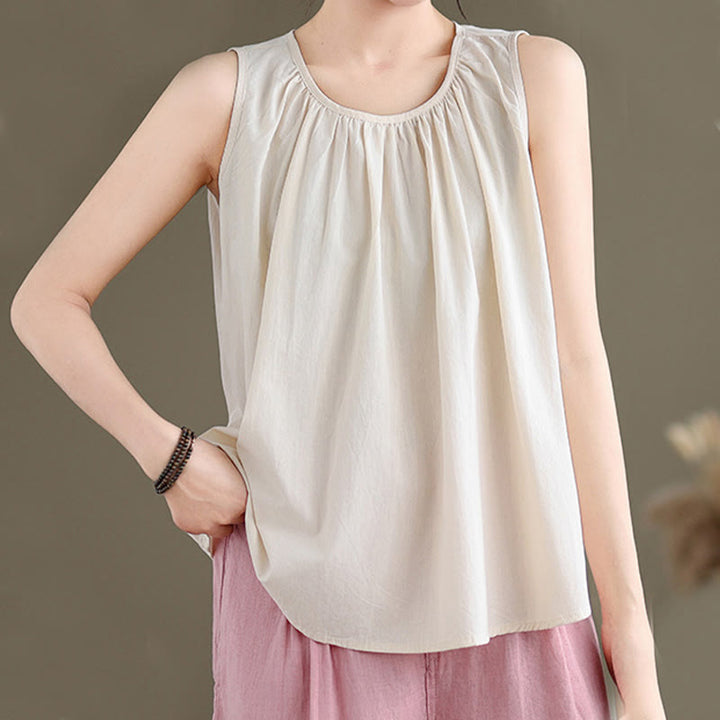Chaleco de lino y algodón para mujer, diseño artístico de verano con cuello redondo plisado en color liso y Buddha Stones - image 17