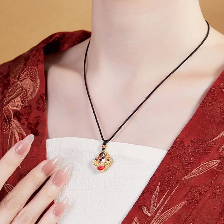 Collar con colgante de plata de ley 925 con Buddha Stones, flor de ciruelo, gato y trébol de cuatro hojas. - image 8