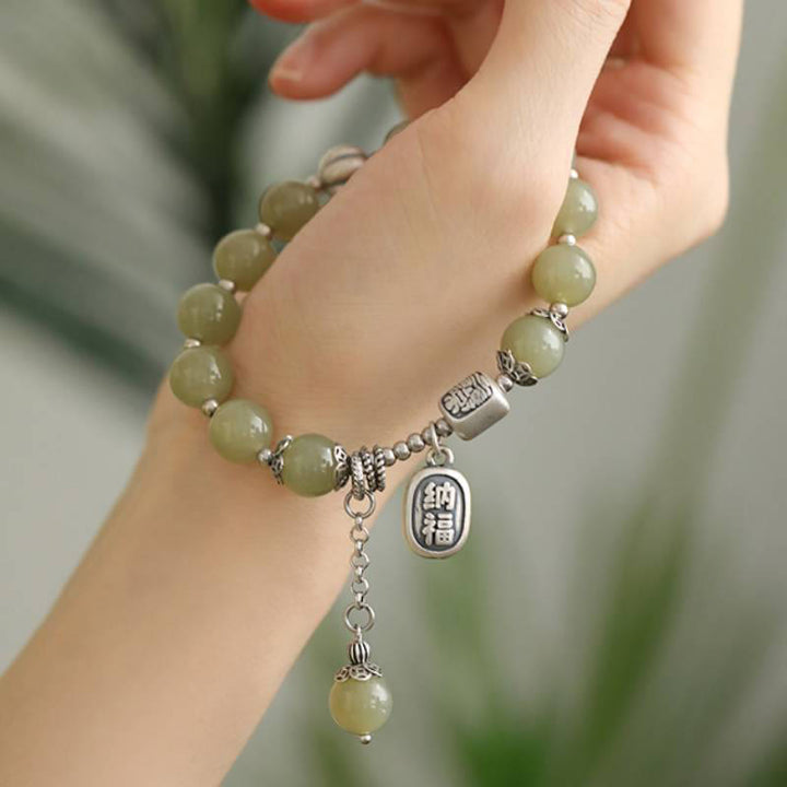 Pulsera de la suerte con cuentas de jade hetiano de plata de ley 925 y Buddha Stones
