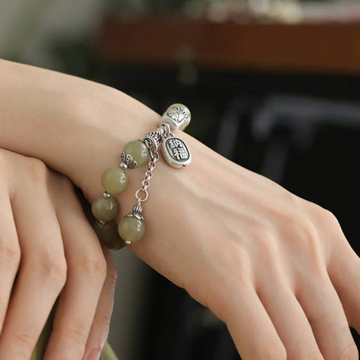 Pulsera de la suerte con cuentas de jade hetiano de plata de ley 925 y Buddha Stones