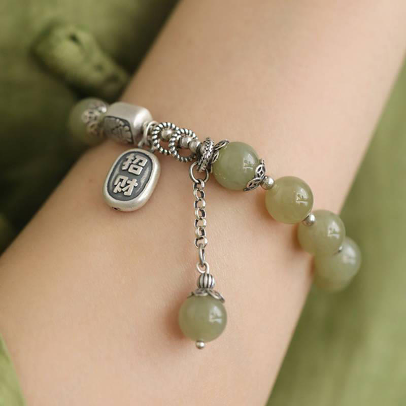 Pulsera de la suerte con cuentas de jade hetiano de plata de ley 925 y Buddha Stones
