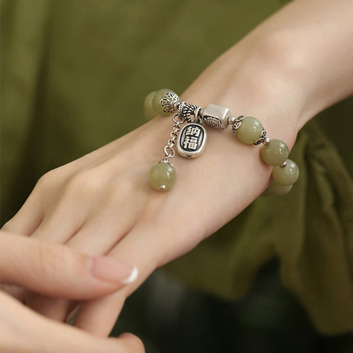 Pulsera de la suerte con cuentas de jade hetiano de plata de ley 925 y Buddha Stones