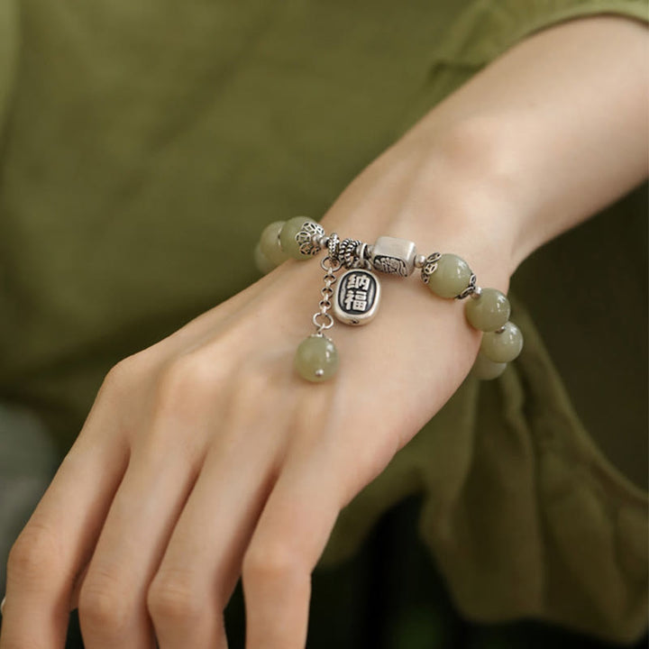 Pulsera de la suerte con cuentas de jade hetiano de plata de ley 925 y Buddha Stones