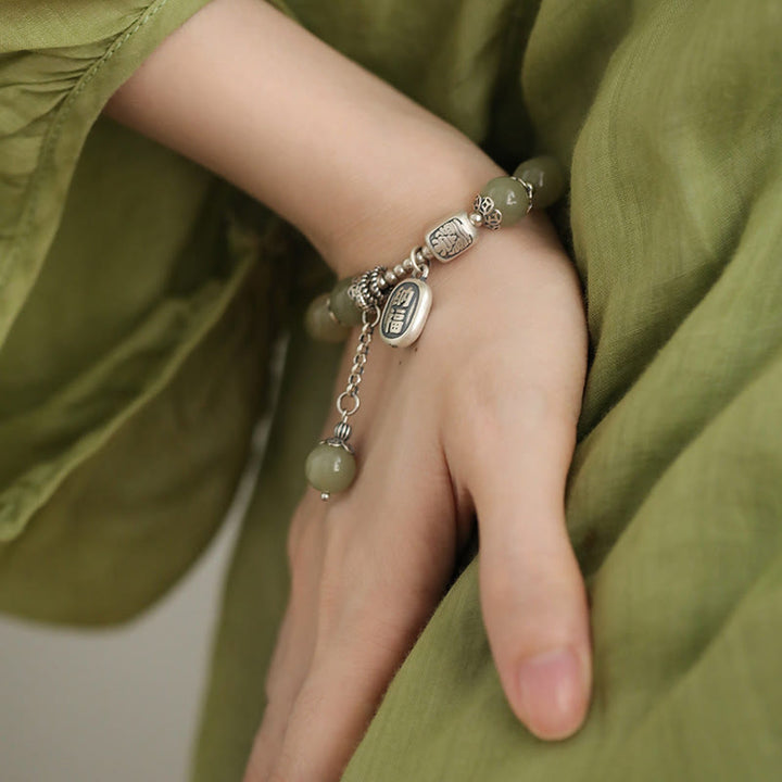 Pulsera de la suerte con cuentas de jade hetiano de plata de ley 925 y Buddha Stones
