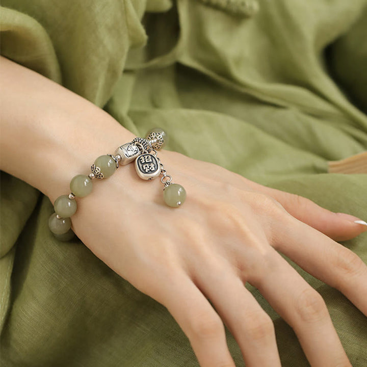 Pulsera de la suerte con cuentas de jade hetiano de plata de ley 925 y Buddha Stones
