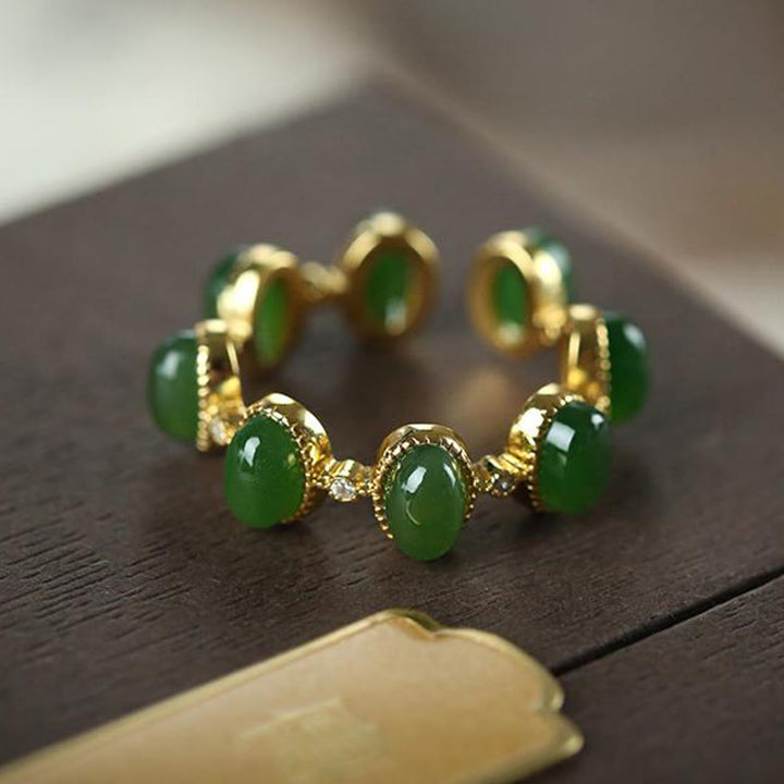 Anillo ajustable curativo con cuentas de jade cian hetiano de plata de ley 925 y Buddha Stones