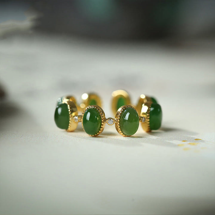 Anillo ajustable curativo con cuentas de jade cian hetiano de plata de ley 925 y Buddha Stones