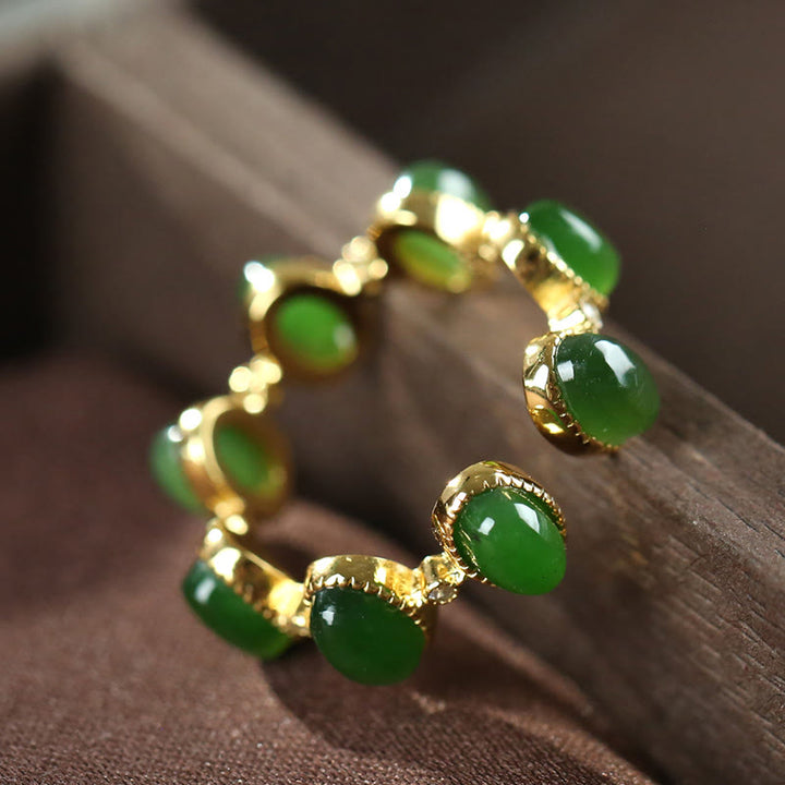 Anillo ajustable curativo con cuentas de jade cian hetiano de plata de ley 925 y Buddha Stones