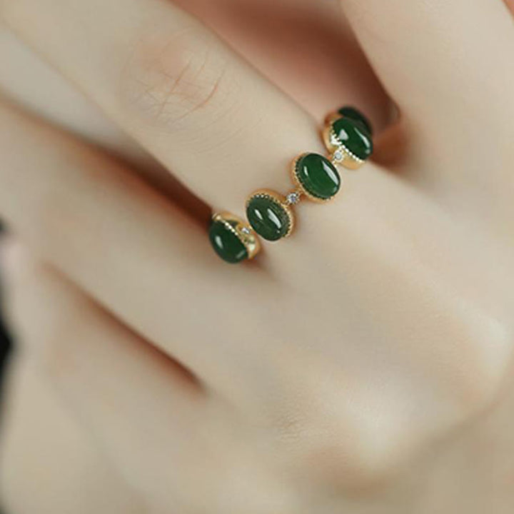Anillo ajustable curativo con cuentas de jade cian hetiano de plata de ley 925 y Buddha Stones