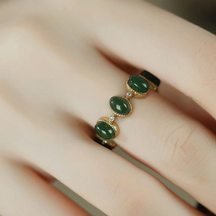 Anillo ajustable curativo con cuentas de jade cian hetiano de plata de ley 925 y Buddha Stones