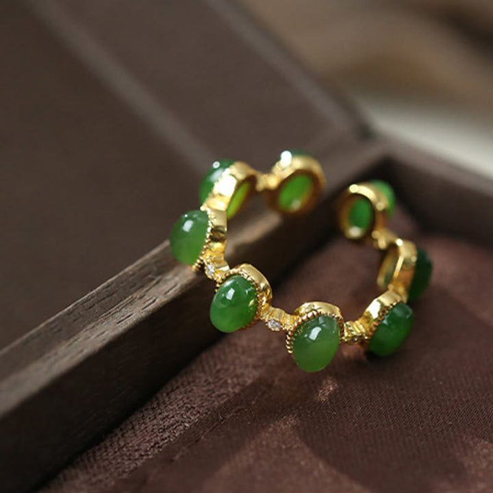 Anillo ajustable curativo con cuentas de jade cian hetiano de plata de ley 925 y Buddha Stones