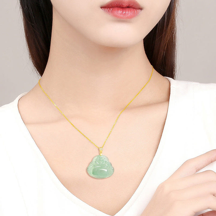 Collar con colgante de cadena de acero y titanio con Buddha Stones, jade natural, Buda sonriente, suerte y prosperidad. - image 10